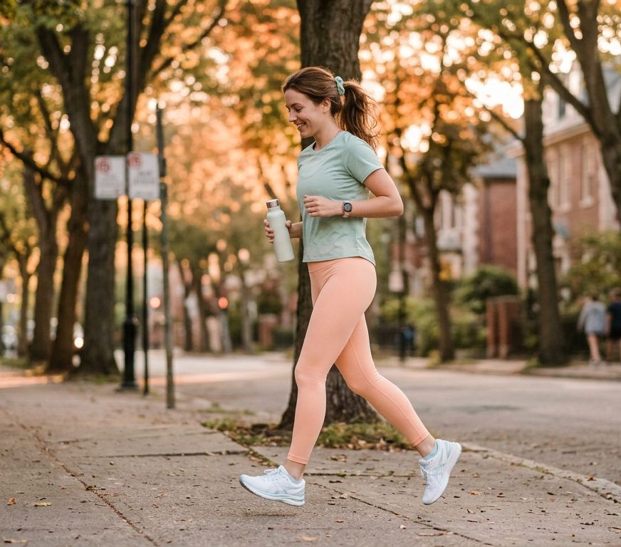 Beginner jogger taking a soft step on a calm tree-lined street