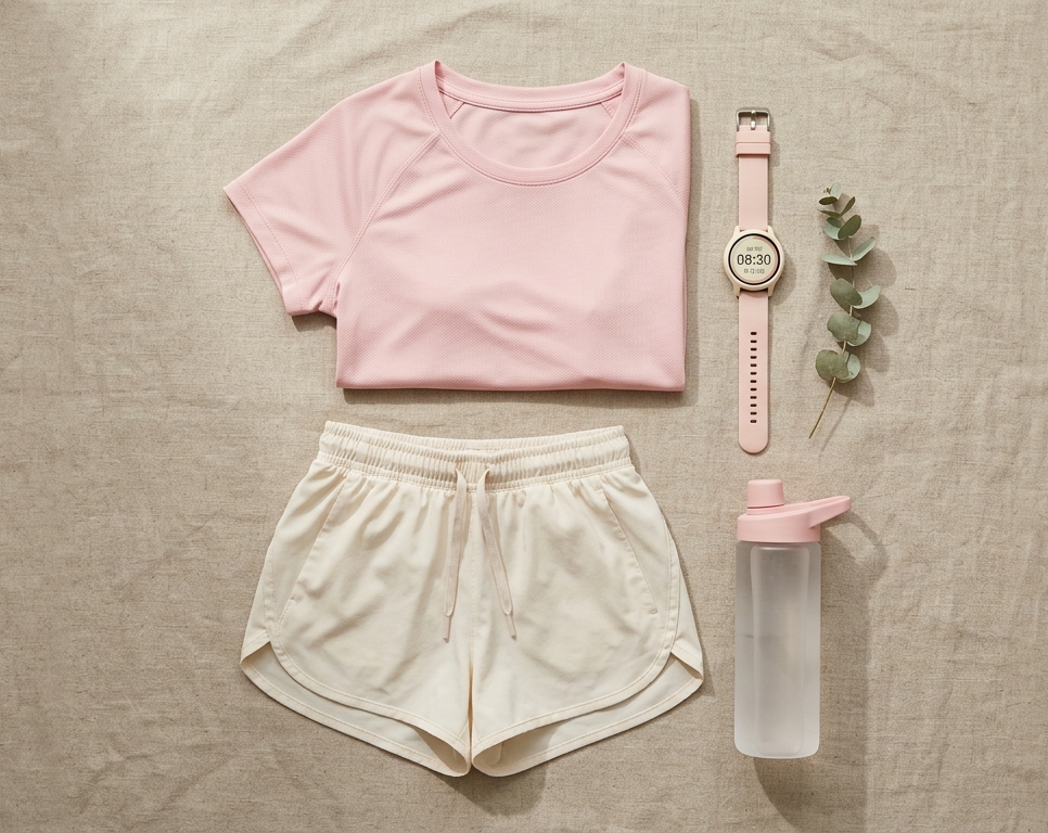 A neat pastel flat-lay of minimal running gear on a beige cloth