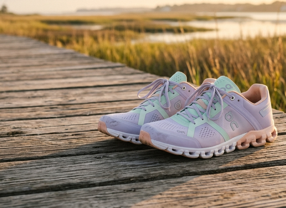 Soft pastel running shoes resting on a wooden boardwalk